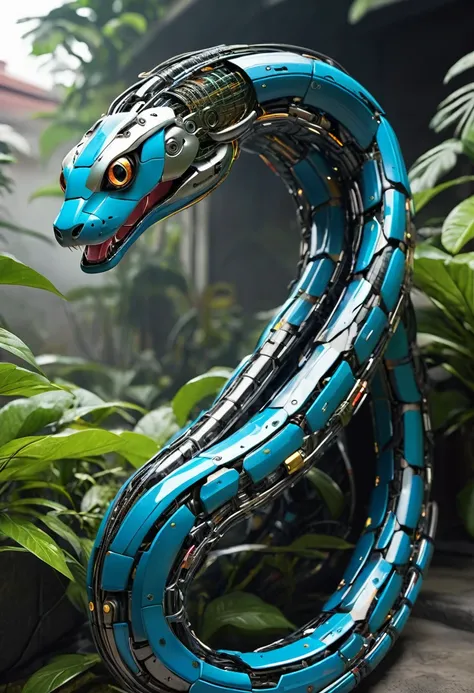 A long robotic snake, best quality, exposed wires, high resolution, masterpiece,