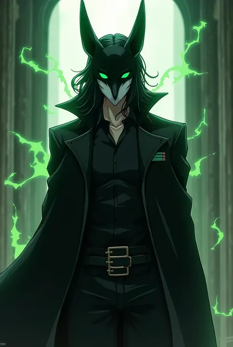 Ulquiorra Cifer, Medium-Length Black hair guy, Merciless Green eyes, black Coat, Tight Shirt, Millitary Pants, Fox Mascarade Mask, Spiritual Pressure Around Him, Sci-Fi/History Anime Style