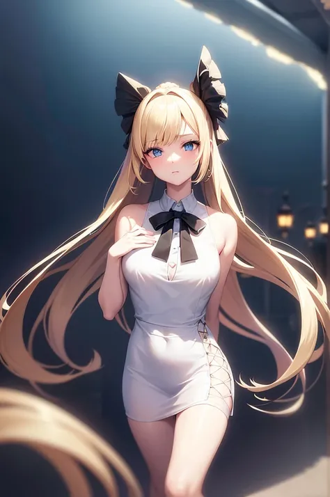 beautiful girl with long blonde Twin tail hairstyle, black ribbons in hair, blues eyes, , wearing a short off shoulder white dress with frills, hyperrealistic, highly detailed, 8k, photorealistic, intricate, cinematic lighting, serene lighting, scenic atmo...