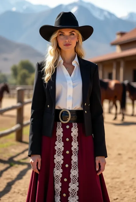 {{Andy, a blonde woman with blue eyes and an athletic physique, is dressed in a traditional Huasa Elegante Chilena outfit}}. She is wearing a tailored black jacket with sharp, clean lines over a white blouse, buttoned up to give a formal and sophisticated ...