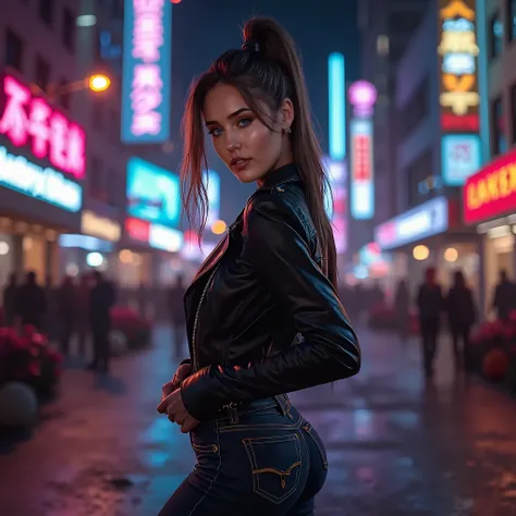 Standing under the neon glow of bustling city streets, she’s dressed in a sleek leather jacket and high-waisted jeans, paired with stiletto boots that accentuate her legs. Her hair is pulled back in a high ponytail, giving her a bold, confident look as she...