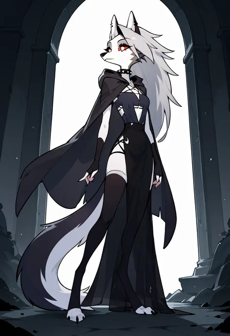 (1girl, solo), perfect body, slim, thigh highs, fingerless gloves,
anthro, robe, furry, cape covering full body, long skirt, pose, sexy, black cape and cloak, hood up, standing, room
Loona (Helluva Boss), 