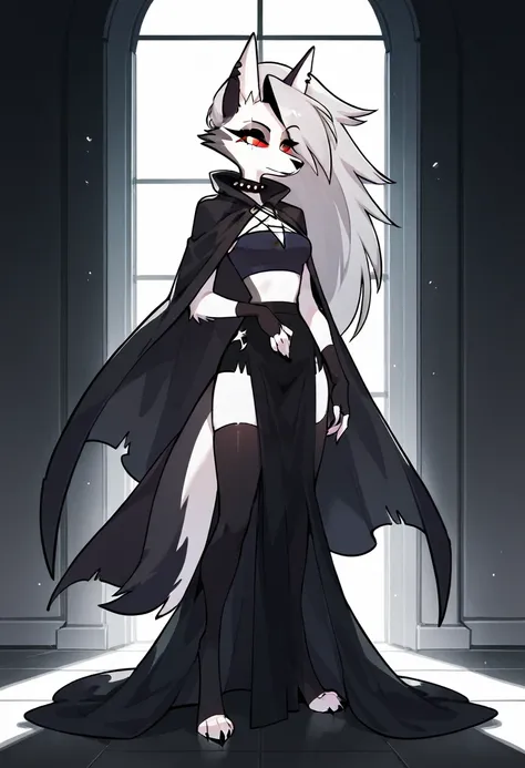 (1girl, solo), perfect body, slim, thigh highs, fingerless gloves,
anthro, robe, furry, cape covering full body, long skirt, pose, sexy, black cape and cloak, hood up, standing, room
Loona (Helluva Boss), 