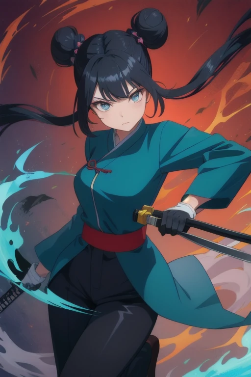 1girl, teenager, Solo, black hair, double buns, twintails , teal eyes, holding kunai knifes, long loose sleeves, blue china outfit, black pants ,white gloves, standing, Masterpiece, Best Quality, standing, kitsune mask