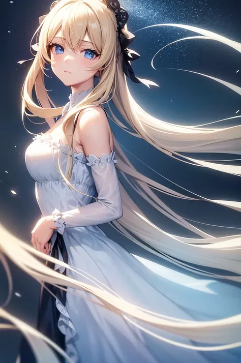 beautiful girl with long blonde Twin tail hairstyle, black ribbons in hair, blues eyes, , wearing a short off shoulder white dress with frills, hyperrealistic, highly detailed, 8k, photorealistic, intricate, cinematic lighting, serene lighting, scenic atmo...