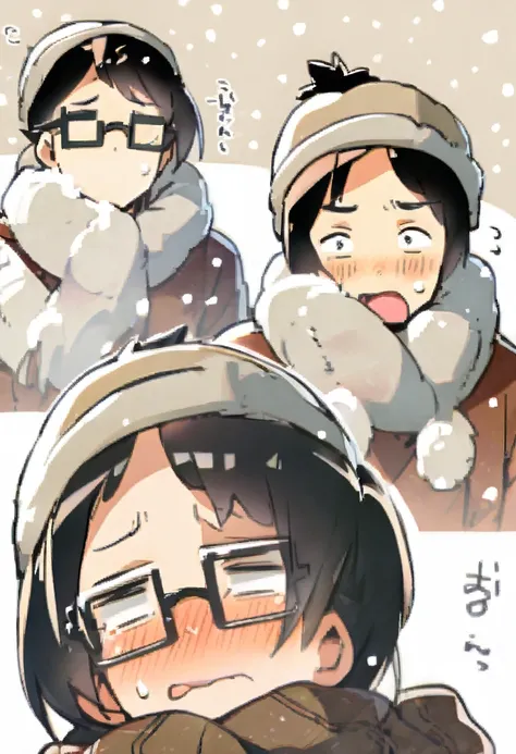 boy with short black hair with bangs, thin rectangular glasses, shy expression, winter outfit, snow  