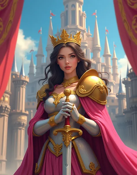 A dynamic and elegant Princess Knight in a vibrant, ultra-detailed 8K fantasy scene, wearing a golden crown and royal attire, wielding a royal sword and flowing cape, set against the backdrop of a medieval castle with ornate architecture and vibrant banner...