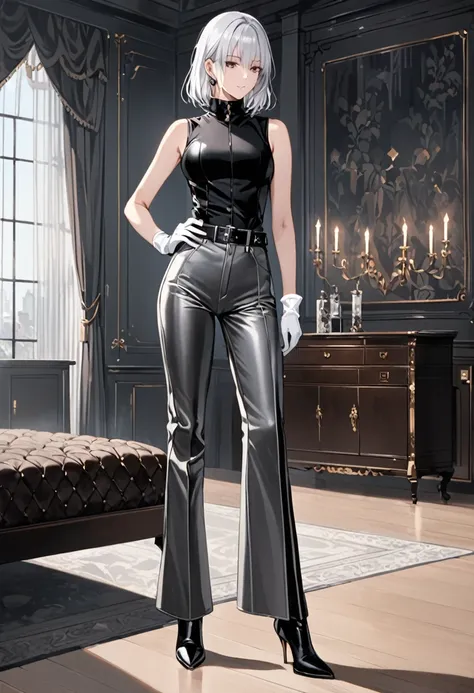 , 1girl, solo, leather black sleeveless shirt, white gloves, wide leg faux grey leather pants, black heel boots, white hair, mas...