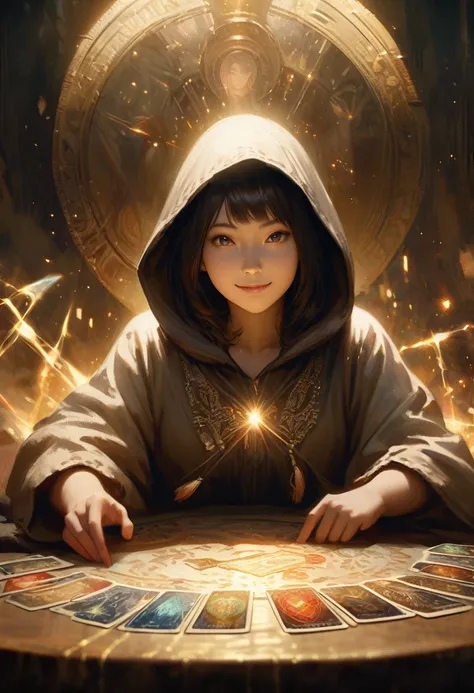 Impressionist paintings, Realistic, Smiling young hooded Asian woman, fortune teller, Tarot cards and crystals on the table, Browse your viewers, Mysterious, magic, Shine, Shineing, dark magic lighting, Sulky, Cinematic, Shine, Sparkling, darkness