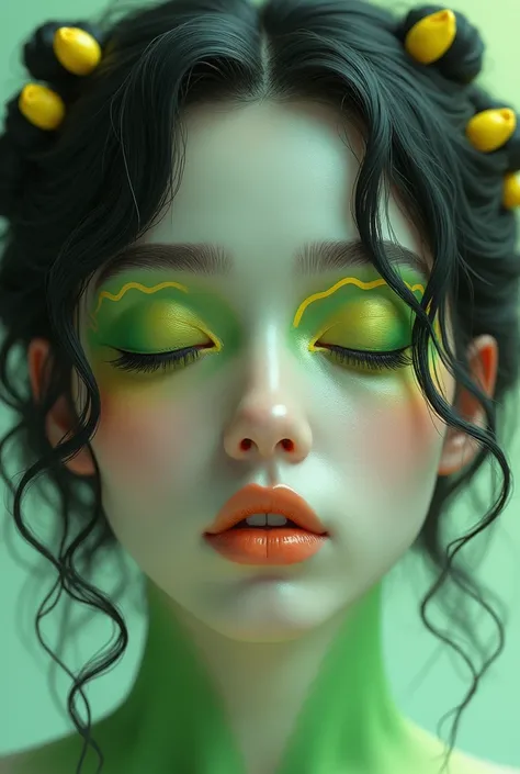 a face with eyes closed and painted with shades of gradient colors in green tones with a wavy yellow eyeliner, lips painted in subtle yellow and loose hair with curlers