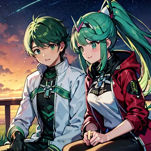 a girl with green eyes and bright emerald hair, white blouse and shirts, green crystal on her chest, sitting next to a boy with ...