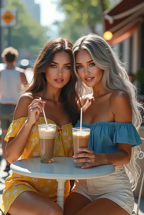 The twins are seated at a small, intimate café table on a bustling city sidewalk, surrounded by the soft hum of conversation and the aroma of freshly brewed coffee. One is dressed in a playful, yellow sundress with a delicate floral pattern, her long brown...