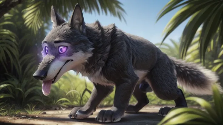 cute cartoon of a (gary (zootopia)) solo, wolf, gray fur, tongue out, hypnotized with completely spyral glowing purple eyes with no irises or pupils, big paws, big cock, marching on all fours, BREAK, jungle background, (intricate, high detail, film photogr...