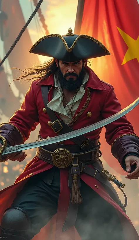 a pirate captain from Vietnam, epic and scary looking with cinematic style, colorful background, he is wearing red and yellow pirate style clothes, Vietnam flag in the background, fighting with his crewmate