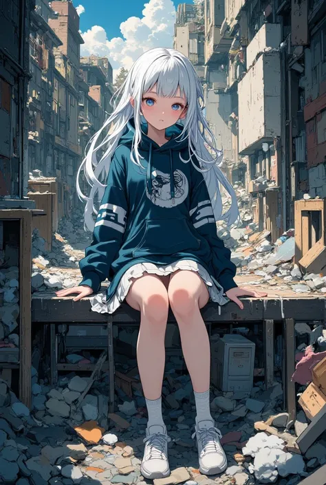 she loves you,she started to feel, a little light in the corner , beautiful and scary and irresistible, alone, walk away, a sad song,anime girl sitting in a ruined room, nier autoamata, girl with white hair, kawacy, best anime 4k konachan wallpaper, guweiz...