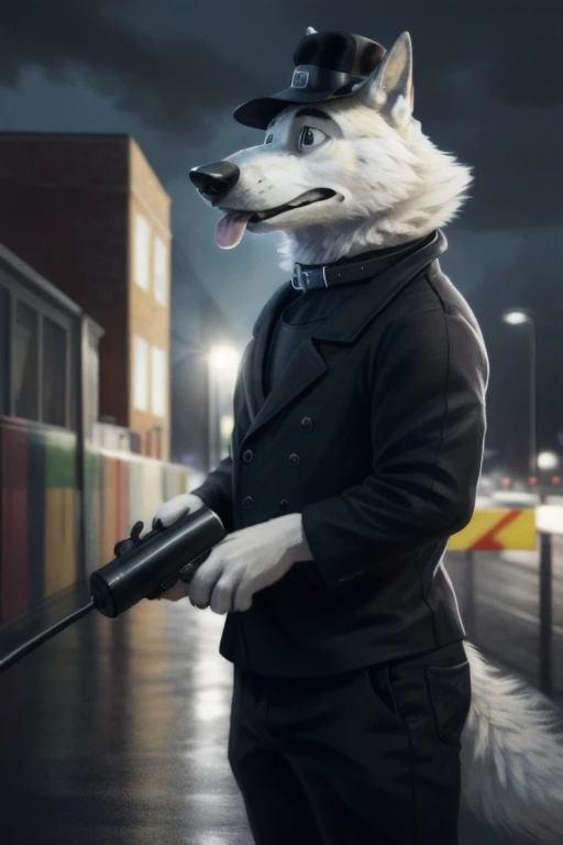 cute cartoon of a (gary (zootopia)) using a small black coke hat 19th century, wearing black worker uniform, wearing black tecnho dog collar, solo, wolf, white fur, tongue out, full body image, BREAK, factory industry and dark green polluted sky background...