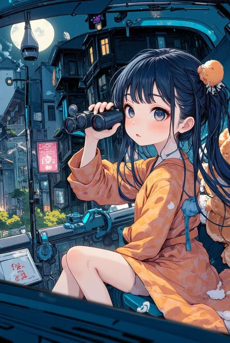 (((beautiful detailed)))(cute face:1.2)1girl ,detective, gun club check, a girl eating anpan while looking through binoculars wi...