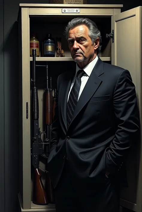 line-art painting of Robert De Niro beside a cabinet full of Thompson submachine guns, night dark