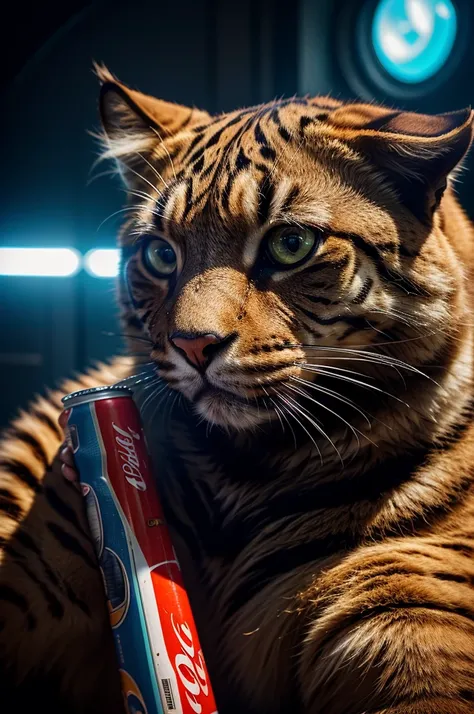 A close-up portrait of a big cat, futuristic sci-fi environment, the cat is eating a pizza and drinking Coca-Cola, cinematic composition, vibrant colors, hyper-detailed, photorealistic, 8k, masterpiece