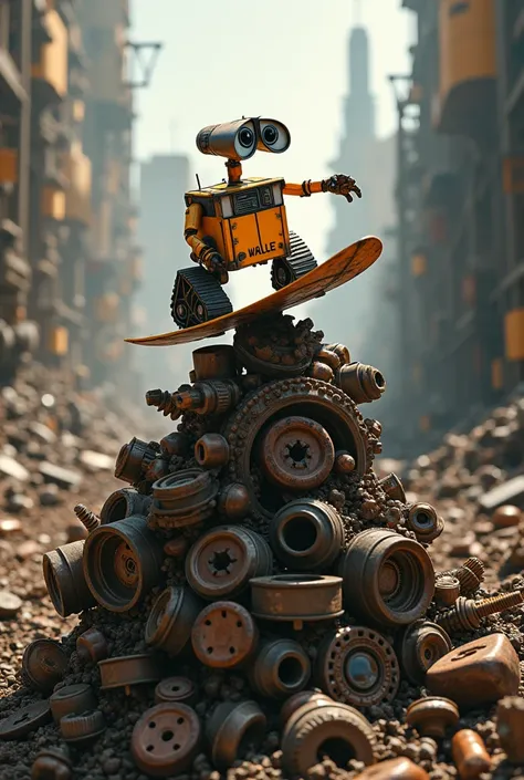 a cute robot named wall-e 冲浪 on a pile of discarded mechanical parts, highly detailed, photorealistic, intricate machinery, rust and wear, dynamic motion blur, dramatic lighting, warm color palette, cinematic composition, 8k, hyper realistic, award winning...