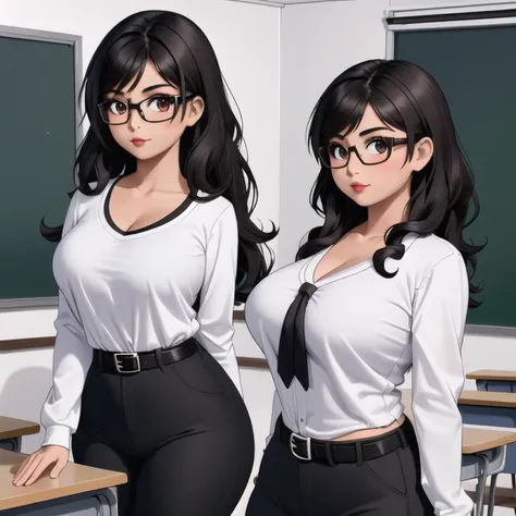 an adorable cute petite short skinny slightly curvy tan skin goth mexican teacher, medium wild volumetric hair, one wearing glas...