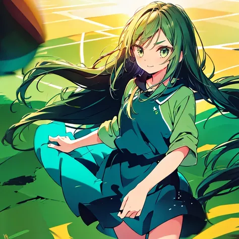 a girl , long hair, green blue dress  nishinoya