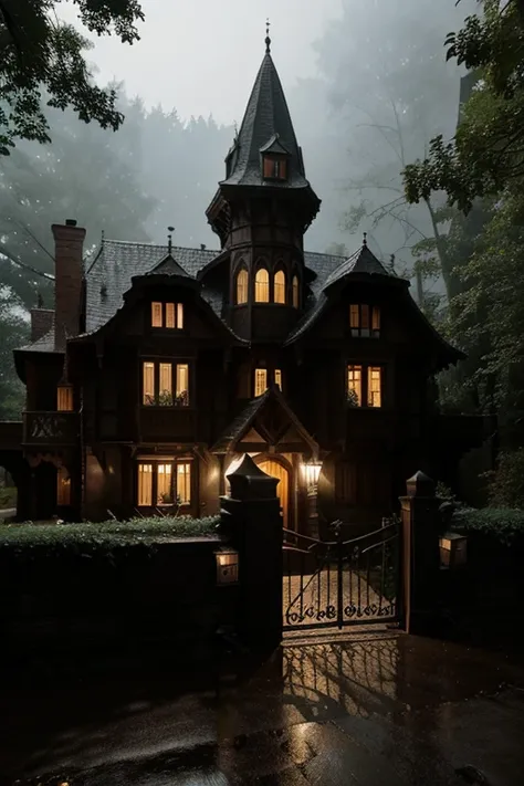 Large dark medieval mansion, dark in color, with two windows on each side, the house has two floors and an attic, with a large door at the entrance. Its area is an average area, surrounded by a wall and a gate, there is a forest around, a low mist and rain...