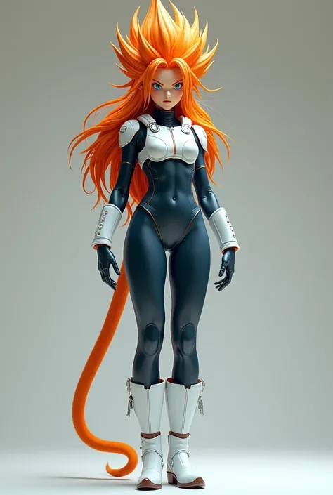 young saiyan woman, dressed in a dark blue latex full body suit, covering the entire torso, legs and arms, Over the suit he wears a white cybernetic style battle vest but light enough to allow mobility.. Besides, The character wears white boots and white g...