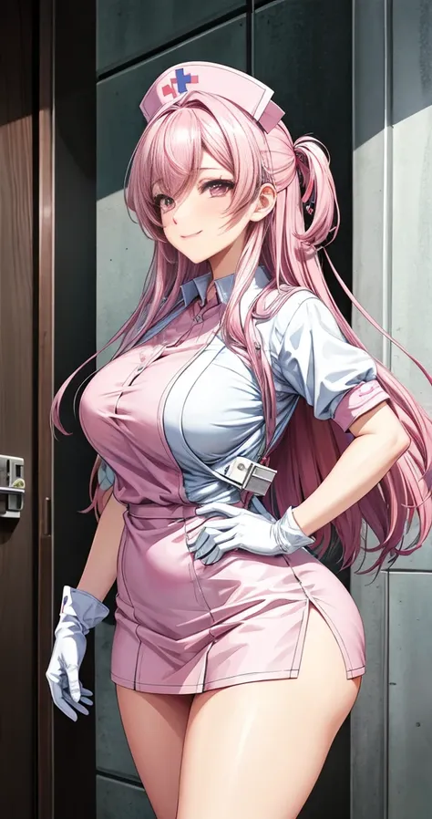 masterpiece, best quality, super detailed, nurse,pink hair,medium hair,half up,big hips, a light smile, hospital,white gloves,白い...