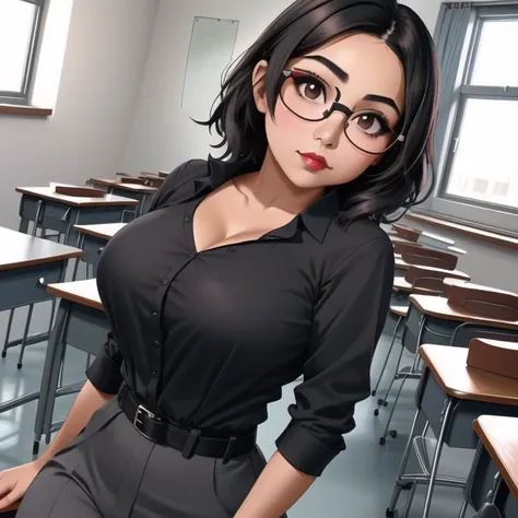 an adorable cute petite short skinny slightly curvy tan skin goth mexican teacher, medium wild volumetric hair, one wearing glas...