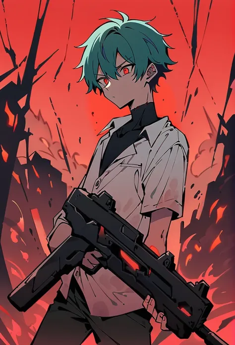 Male Teenager ,solo, white button down shirt, black undershirt, black jean pants, black shoes, teal hair, scar neck , red eyes, sninster look, masterpiece, best quality, hell, red sky, holding dual smg guns, shooting