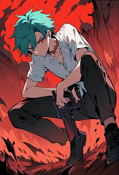 Male Teenager ,solo, white button down shirt, black undershirt, black jean pants, black shoes, teal hair, scar neck , red eyes, sninster look, masterpiece, best quality, hell, red sky, holding dual smg guns, shooting