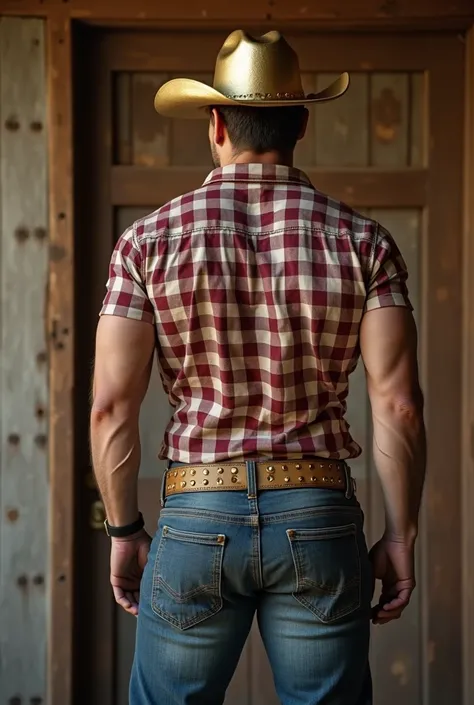 Backside big ass realistic (handsome white man muscular hunk, hunky, cowboy, Checkered shirt ), metallic gold, super fashion, strong and muscular legs, large lump, wrangler studded pants, fashion thick gold belt, great detail 8k masterpiece , close up, 29 ...