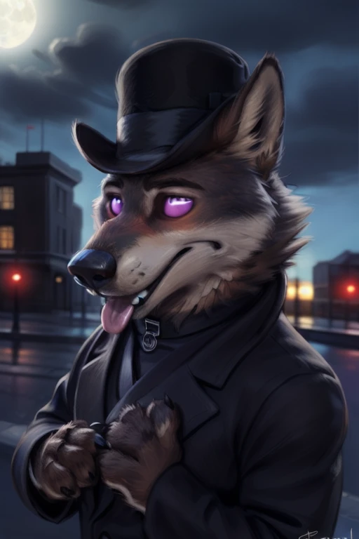 larry (zootopia), grey fur, (brown body:1.3), using a small black coke hat 19th century, wearing black worker uniform, wearing b...