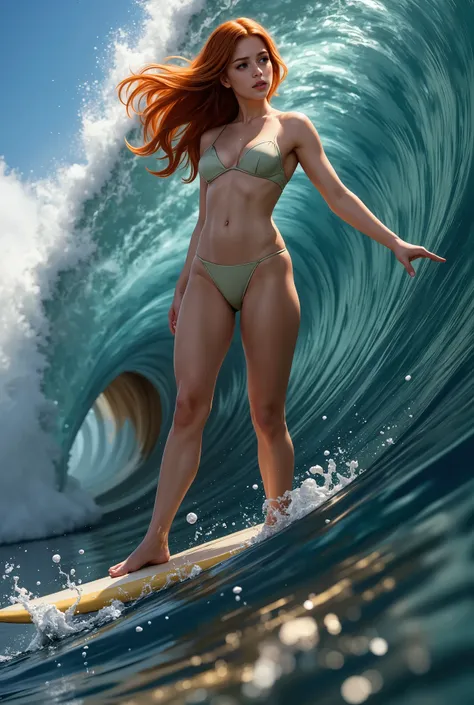 create a stunning, high-fidelity, ultra-quality image of a beautiful female surfer riding a massive, perfectly formed wave deep ...