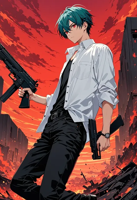 Male Teenager ,solo, white button down shirt, black undershirt, black jean pants, black shoes, teal hair, scar neck , red eyes, sninster look, masterpiece, best quality, hell, red sky, holding dual smg guns, shooting