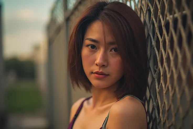 Gorgeous Thai woman is seen leaning back against a chain-link fence, bathed in warm, golden light. Her facial expression is intense and focused, with sharp shadows cast across her face from the fence, highlighting her features. wears tank top. The backgrou...