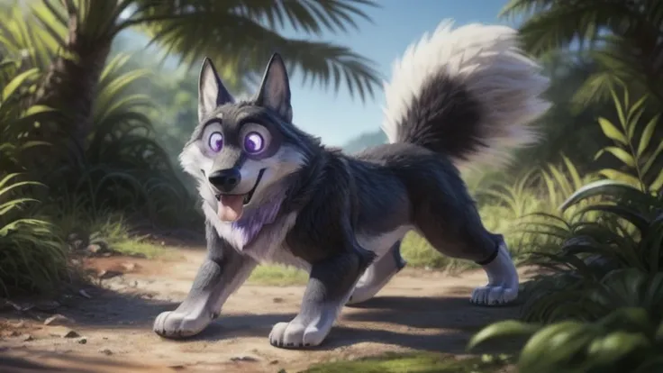 cute cartoon of a (gary (zootopia)) solo, wolf, white fur, hypnotized with completely spyral glowing purple eyes with no irises or pupils, tongue out, big paws, big cock, walking on all fours, BREAK, jungle background, (intricate, high detail, film photogr...