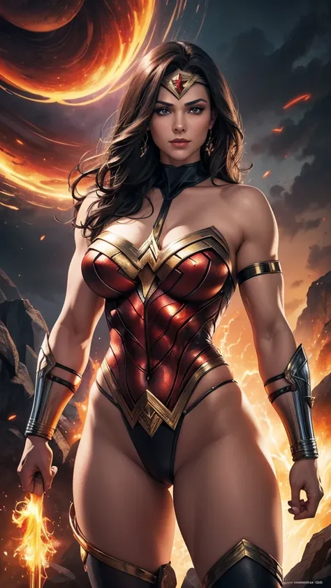 Omnipotent muscular Wonder Woman, lava background, super strong huge biceps, seios grandes, sfx, complement visual art, immersing the viewer. The level of detail is inspiring, with intricate elements meticulously crafted, volumetric effects add depth and d...