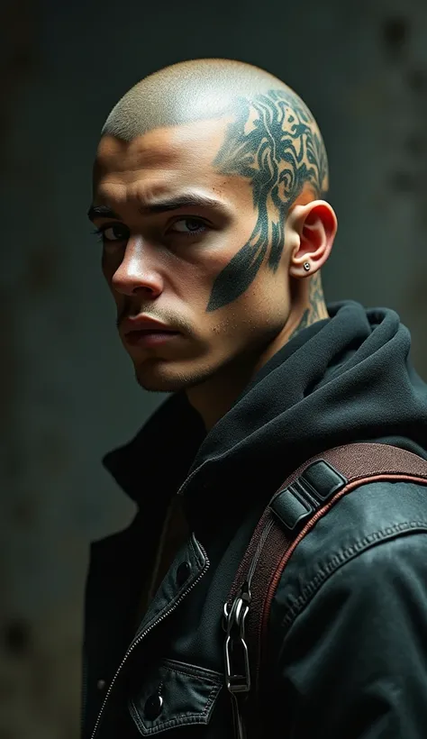 anatomically correct:1.3, Intricate and detailed portrait of a handsome young man. with drone, Fantasy character design, cyberpunk clothing tattoo on his bald head, dark and moody lighting, spectacular chiaroscuro lighting, film composition, Ashley Wood St...