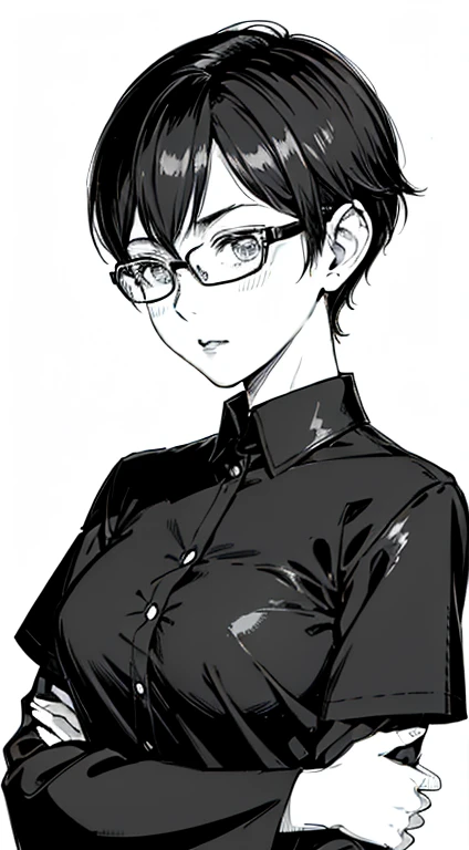 {8k image}, 1beautiful japanese woman (tanned), 20 years old, short black hair (pixie cut), scar on nose, busty, wearing glasses, wearing a black shirt, looking at the viewer with a blush, facing the camera, looking ahead, close up of face, no background, ...