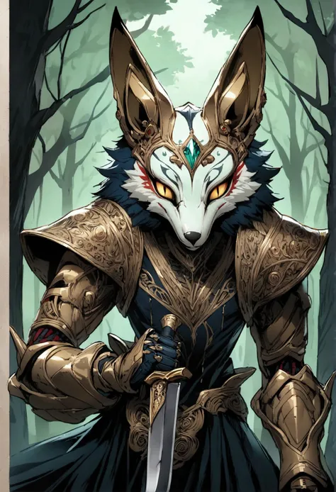 Humanoid creature, fox head, evil smile, holding a knife, dark forest on the background 