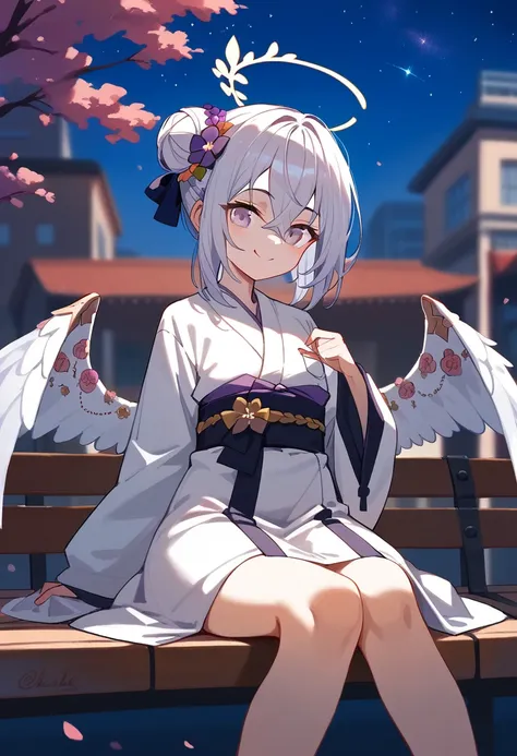 azusa (blue archive),1girl alternate_costume alternate_hairstyle angel_wings bench blurry braid braided_bun building depth_of_field feathered_wings flower hair_between_eyes hair_bun halo japanese_clothes kimono lamppost long_hair long_sleeves looking_at_vi...