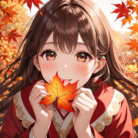 (masterpiece、high quality、High resolution、high quality、Aesthetic Sense：1.2)、(One beautiful woman)、(Fractal Art：2.0)、beautiful girl、Look here、Happy face、Her long hair is made of red and yellow leaves、A few autumn leaves are spread out and held in both hands...