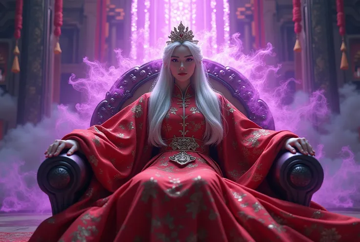 Handsome young archer in red general&#39;s outfit, lying on the lap of a white-haired queen in red Chinese dress, a sunflower crown, purple aura surrounding her body, powerful, magnificent, 4K clear image.,action sci-fi,Best quality, Glow, Long-range view