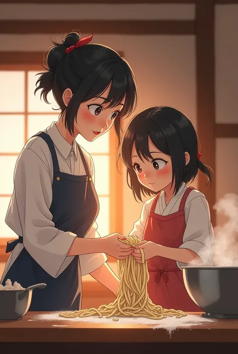 Anime mother and daughter making udon