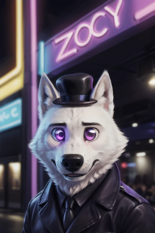 cute cartoon of (gary (zootopia)) hypnotized with completely spyral glowing purple eyes with no irises or pupils, wearing a (leather jacket) and (bowler hat which has a robotic eye on the front), alone, wolf, white fur, BREAK, gay bar background, neon ligh...