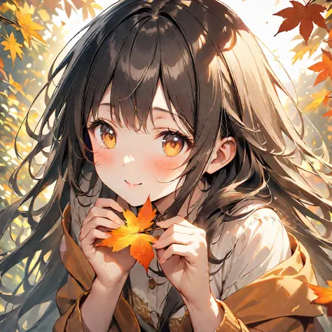 (masterpiece、high quality、High resolution、high quality、Aesthetic Sense：1.2)、(One beautiful woman)、(Fractal Art：2.0)、beautiful girl、Look here、Happy face、Her long hair is made of red and yellow leaves、A few autumn leaves are spread out and held in both hands...