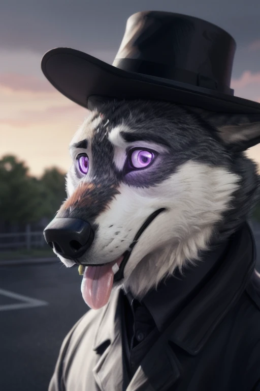 cute cartoon of a (gary (zootopia)) hypnotized with completely spyral glowing purple eyes with no irises or pupils, using a small black bowler hat 19th century, wearing black worker uniform, solo, wolf, white fur, tongue out, big cock, porn, full body imag...