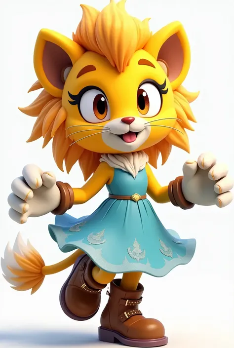 a sonic style character, It is a lion with yellow and white fur., brown eyes and a light blue dress, with brown boots 
